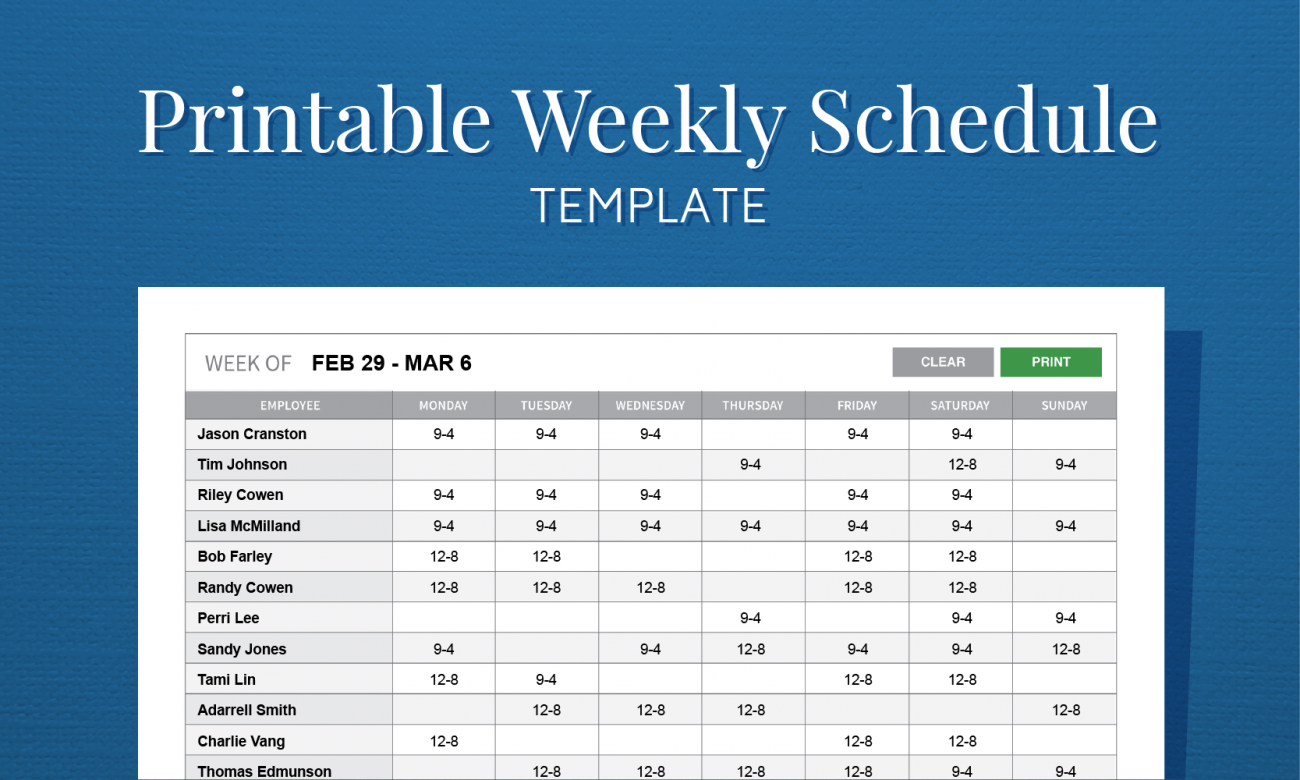 weekly work schedule template printable