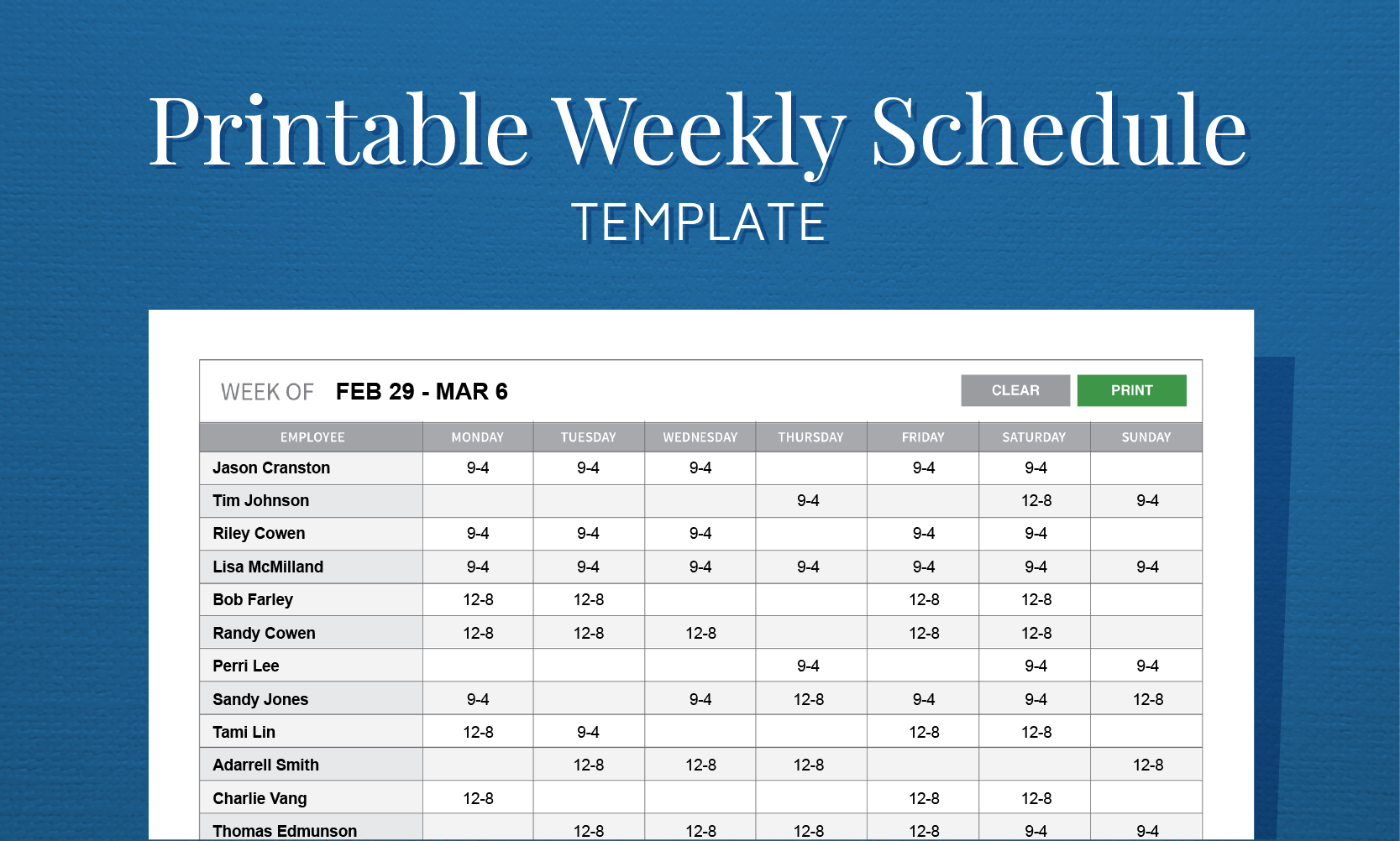 Free Printable Weekly Work Schedule Template For Employee Scheduling