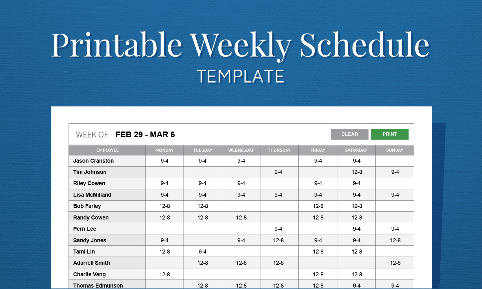 hourly salary work week schedule template