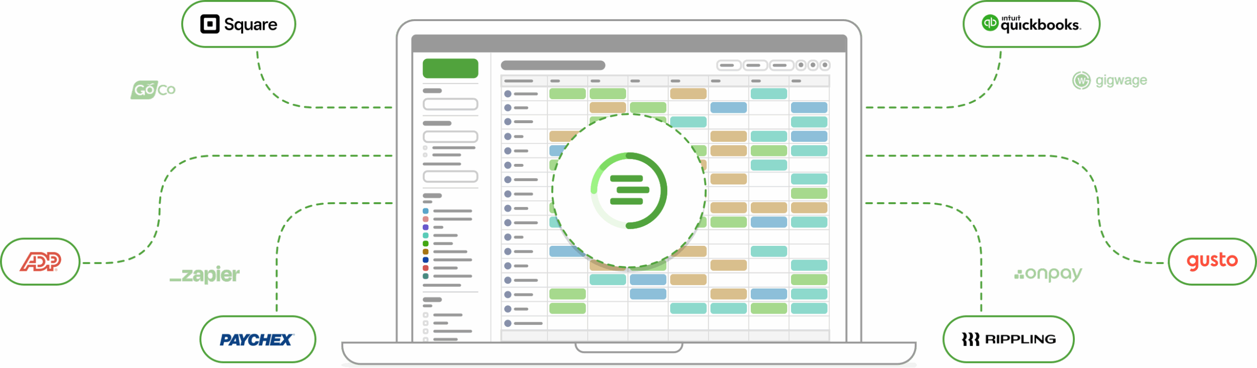 Laptop with When I Work scheduler open and API icons